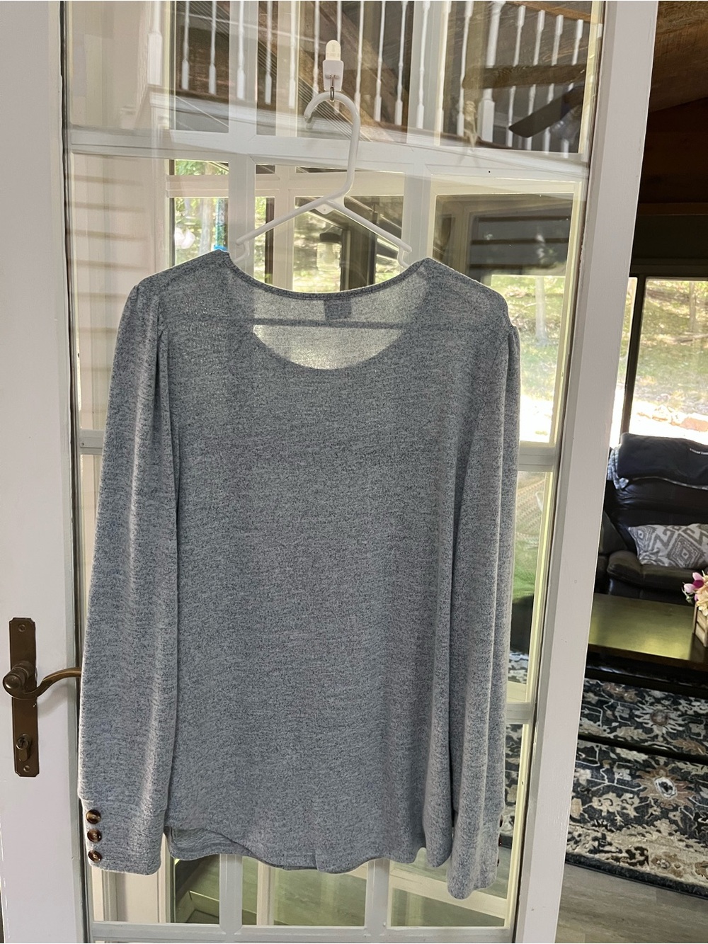 Women’s Gray Crewneck Sweater with Button Cuff Detail